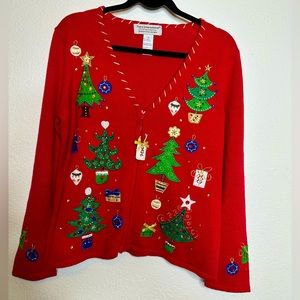 Vintage 90s Ugly Tiara Christmas Tree beaded Christmas Sweater Cardigan Size M